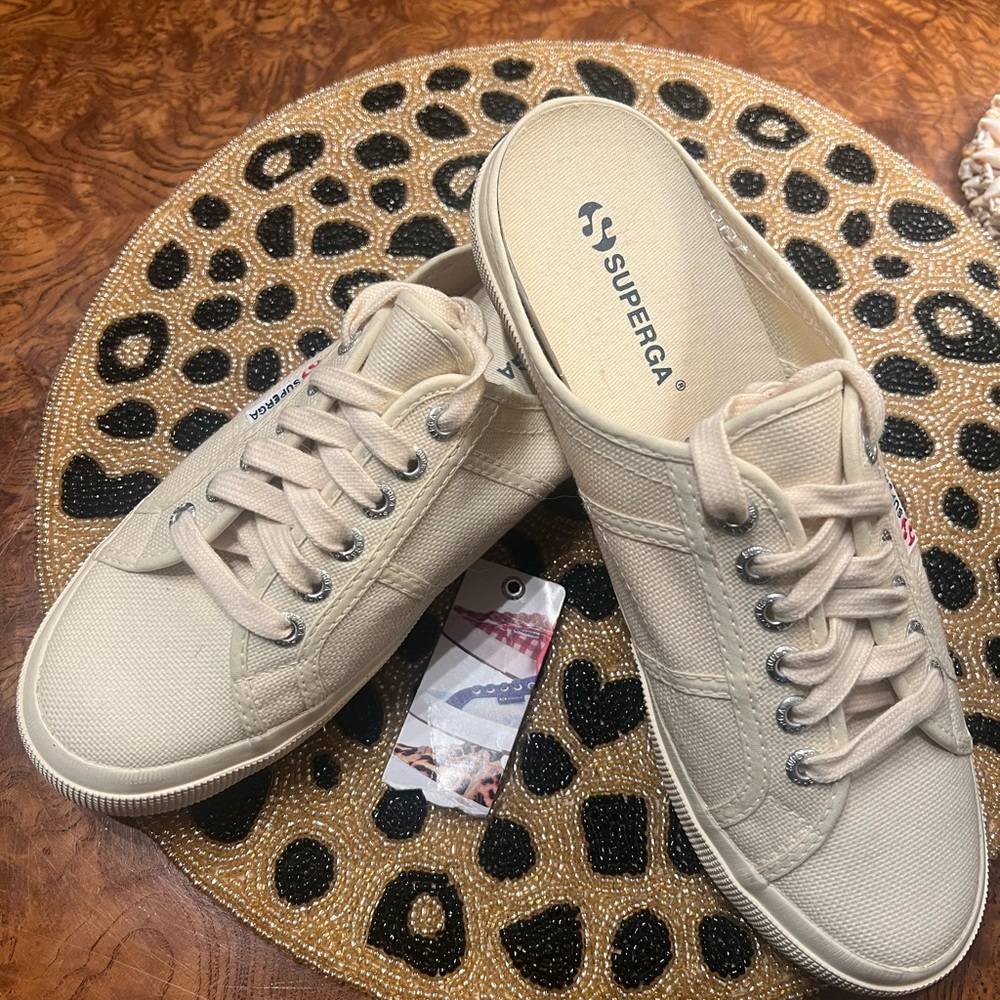Superga Beige Canvas Lace-Up Mule Sneakers